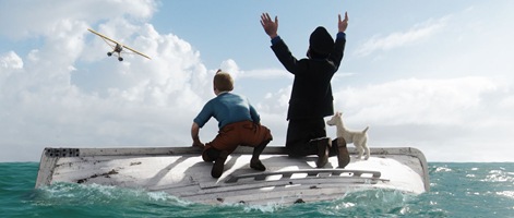 Tintin (played by Jamie Bell), Haddock (played by Andy Serkis) and Snowy await rescue.