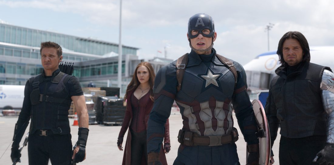 Marvel's Captain America: Civil War..L to R: Hawkeye/Clint Barton (Jeremy Renner), Scarlet Witch/Wanda Maximoff (Elizabeth Olsen), Captain America/Steve Rogers (Chris Evans), and Winter Soldier/Bucky Barnes (Sebastian Stan)..Photo Credit: Film Frame..© Marvel 2016