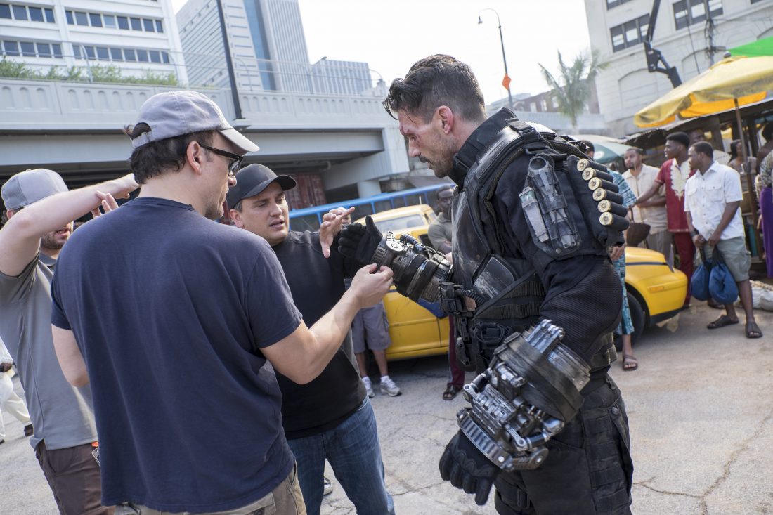 Marvel's Captain America: Civil War L to R: Director Anthony Russo, Director Joe Russo, and Frank Grillo (Crossbones/Brock Rumlow) on set. Ph: Zade Rosenthal ©Marvel 2016