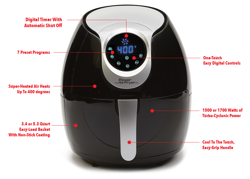 Power Air Fryer XL 5.3 Quart, the power air fryer xl surrounds your food  with turbo cyclonic air instead of oil By Brand Power AirFryer XL