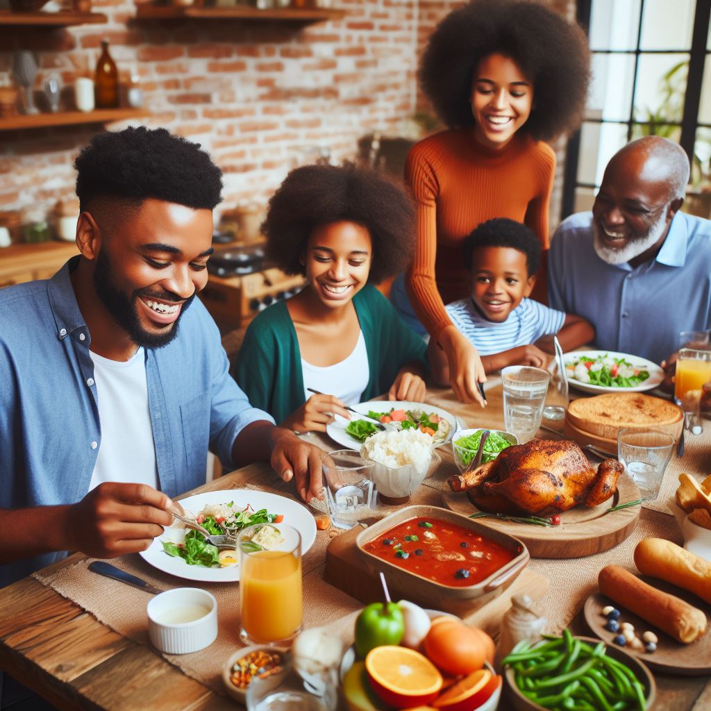 a happy family gathers around the dinner table to enjoy a homecooked meal